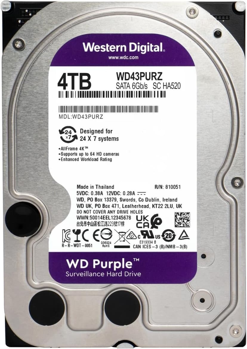 Western Digital 4TB WD Purple Surveillance Internal Hard Drive HDD - SATA 6 Gb/s, 256 MB Cache, 3.5" - WD43PURZ
