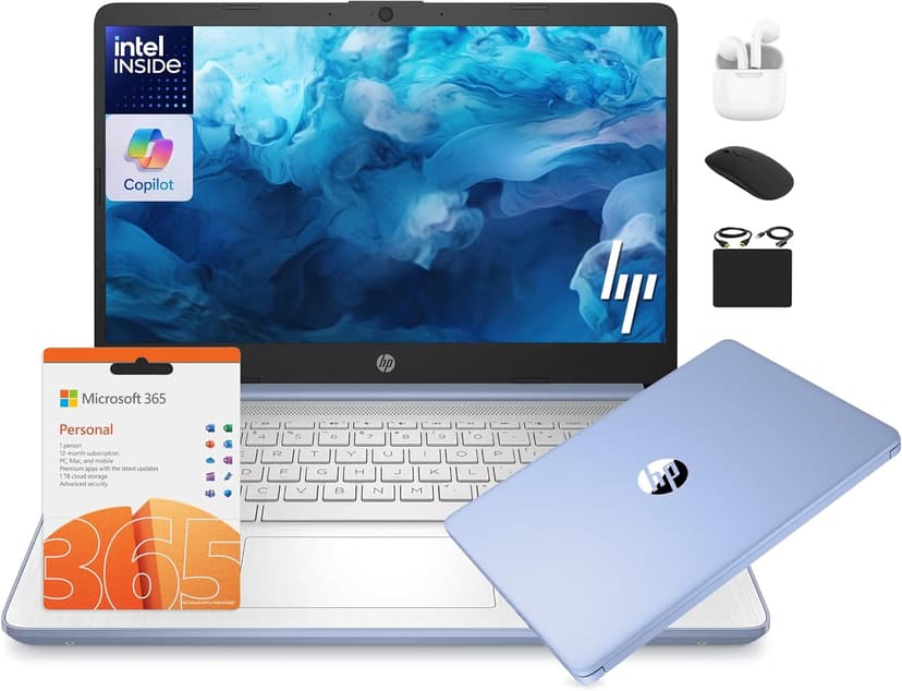 HP 14 Laptop Student Business 2025 Flagship Computer, AI Copilot, 4-Core 13th Gen Intel CPU, 16GB RAM 628GB Storage (128GB UFS+ 500GB Ext), 1-Yr Office 365, Long Battery HubxcelAccessory Win 11S Blue