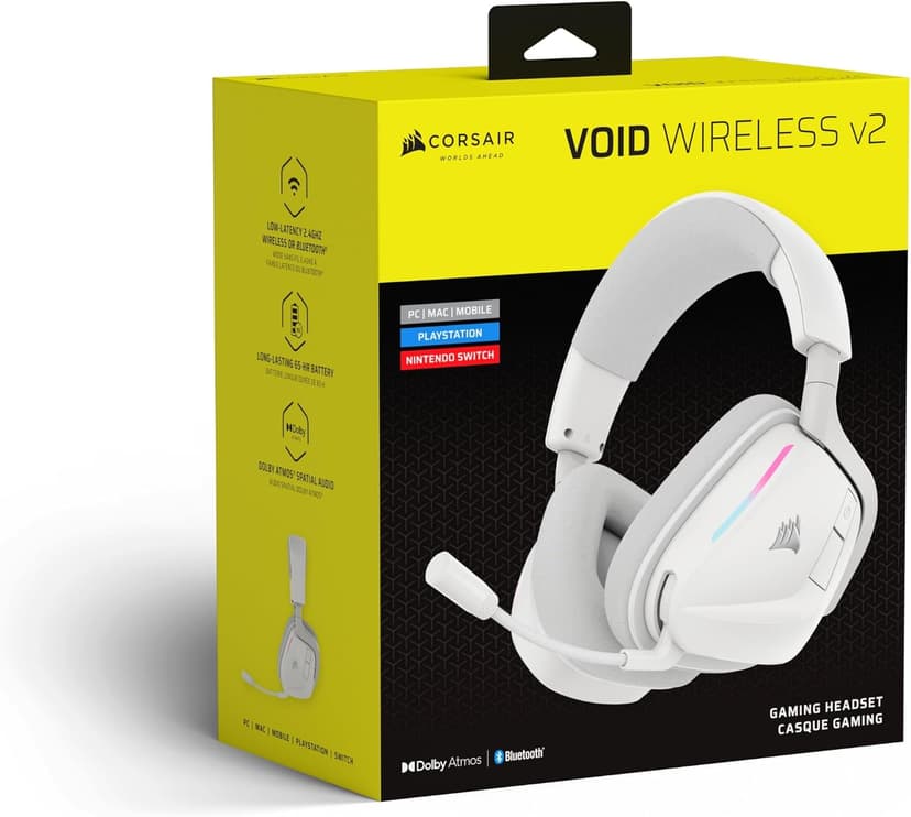 Corsair Void v2 Wireless Gaming Headset with Bluetooth for PC, PS5, PS4, Switch, Mobile – Dolby Atmos, 70 Hr Battery, Dual Wireless, Lightweight, Fast Charging – White