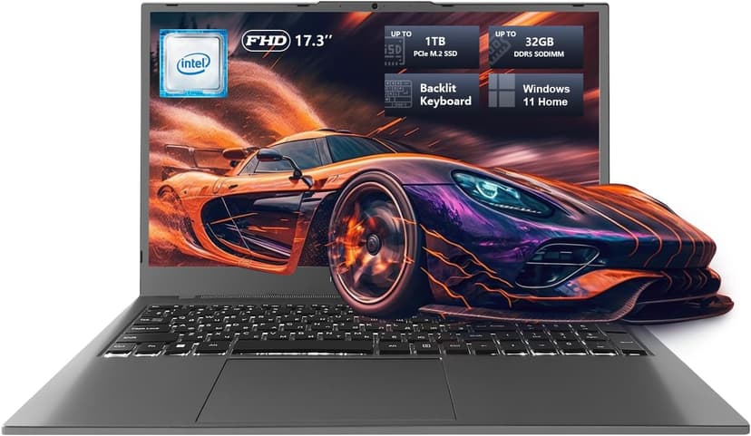 Machenike 17.3’’ Laptop, Intel Processor, 16GB DDR5 RAM, 512GB SSD, Backlit Keyboard, Large-Screen with 120Hz Refresh Rate, Perfect for Work, School, and Streaming, Windows 11 Home, Modern Grey