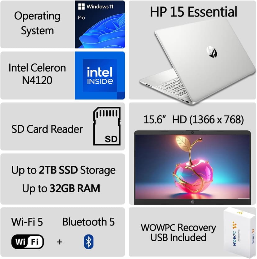 HP Latest 15" Laptop, Intel Celeron N4120 Quad-core Processor, 32GB RAM, 1TB SSD, 15.6" HD Micro Edge LED Display, Fast Charge, SD Card Reader, Windows 11 Pro, WOWPC Recovery USB