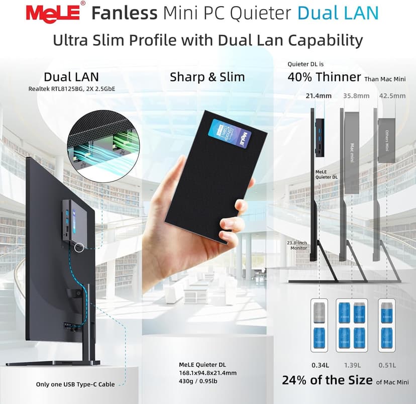 MeLE QuieterDL Mini PC, Dual LAN 2.5G, N100 Fanless Mini Computers, 16GB 4266MHz LPDDR4x, 512GB SSD, Full-Function USB-C,4K Triple Display Desktop PC on Office, Education, Industrial,Astrophotography