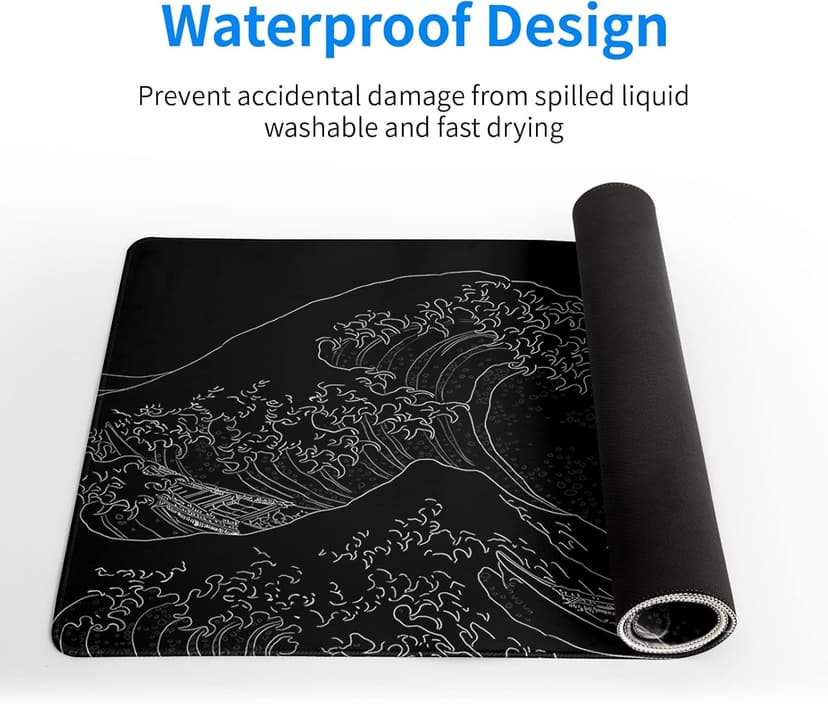 Japanese Sea Wave Large Mouse Pad, Anime Black Gaming, Extended Kanagawa Mat Desk Pad, 3mm Thick Long Non-Slip Rubber Base Mice Pad, 31.5 X 11.8 Inch