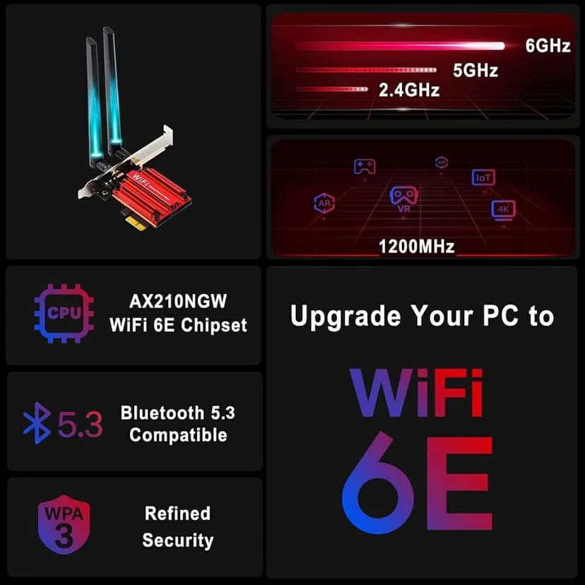 WiFi 6E AX210 WiFi Card，PCIe WiFi Wireless Network Card with Bluetooth 5.3，AX5400 Tri-Band PC Wireless Card，Supports OFDMA & MU-MIMO, Ultra-Low Latency, WPA3, Low-Profile Bracket, Windows 10/11