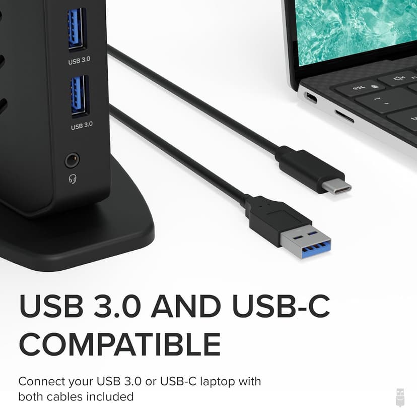 Plugable USB 3.0 and USB-C Universal Laptop Docking Station with 2 HDMI Ports for Windows, Mac (Driver Required), and ChromeOS. Gigabit Ethernet, Audio