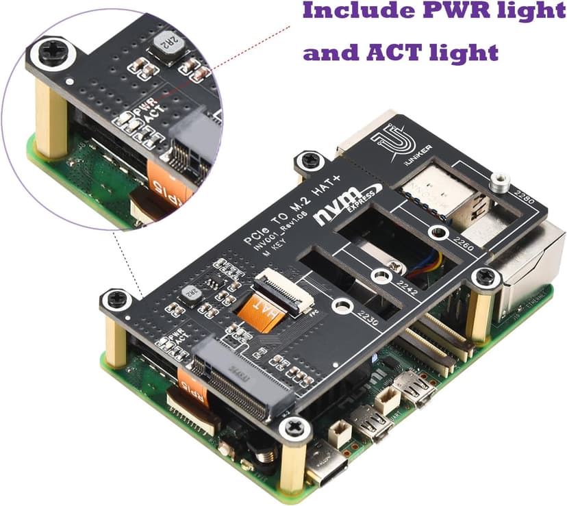 PCIe M.2 HAT+ for Raspberry Pi 5, NVMe SSD PIP PCIe Peripheral Board With Extra Screw Sets for 2280/2260/2242/2230 NVMe SSD