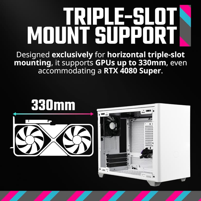 Cooler Master NR200 White Mini-ITX PC Case, 330mm Horizontal Triple-Slot Mount GPU, 240mm|280mm AIO, SFX PSU 130mm, Compatible RX 7900 XTX|4080 Super, Vented Panels, DIY