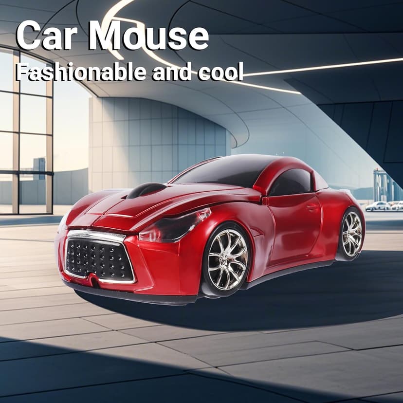 Elec Space Wireless Car-Shape Mouse With LED Headlights, 2.4G Unique for Kids, USB Receiver, 1600 DPI Cool Gaming for Laptop PC Computer-Red