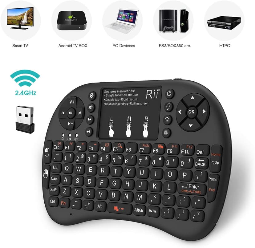 Rii 2.4GHz Mini Wireless Keyboard with Touchpad＆QWERTY Keyboard, Backlit Portable with Remote Control for Laptop/PC/Tablets/Windows/Mac/TV/Xbox/PS3/Raspberry Pi .(Black)