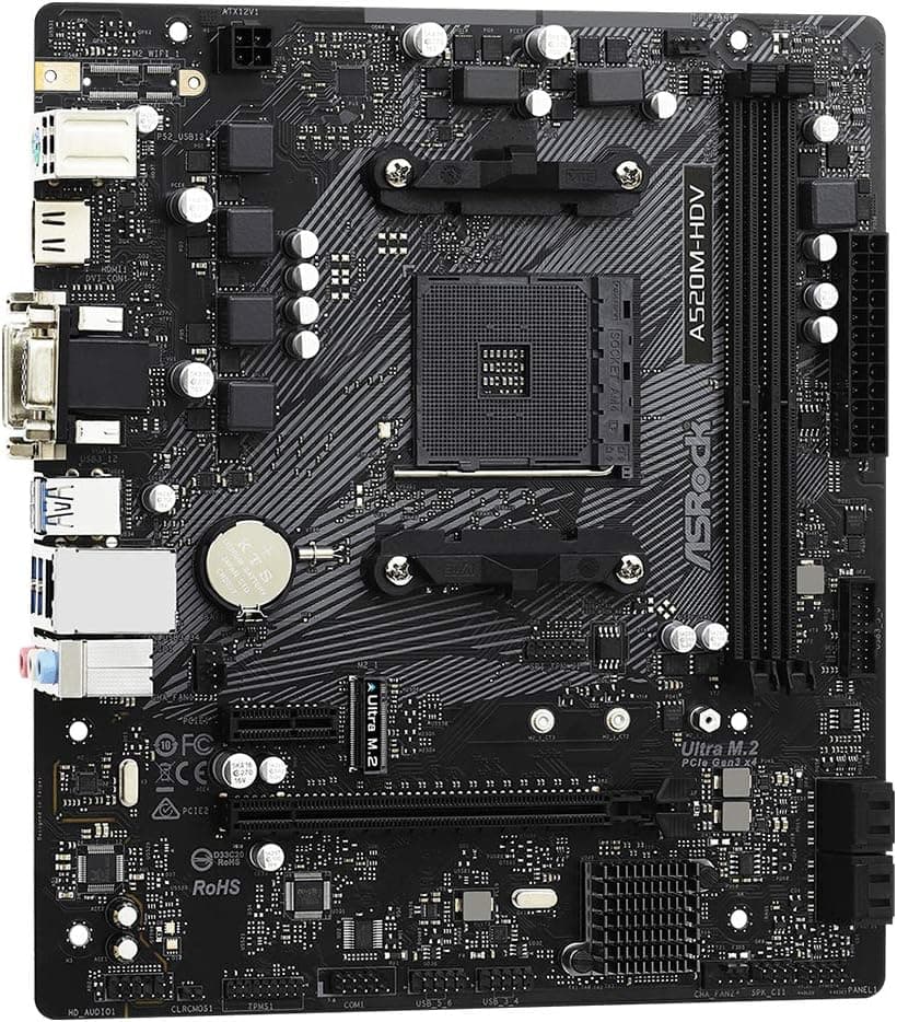 ASRock A520M-HDV Supports AMD AM4 Socket Ryzen™ 3000, 4000 G-Series and 5000 and 5000 G-Series Desktop Processors Motherboard, 32 GB memory storage