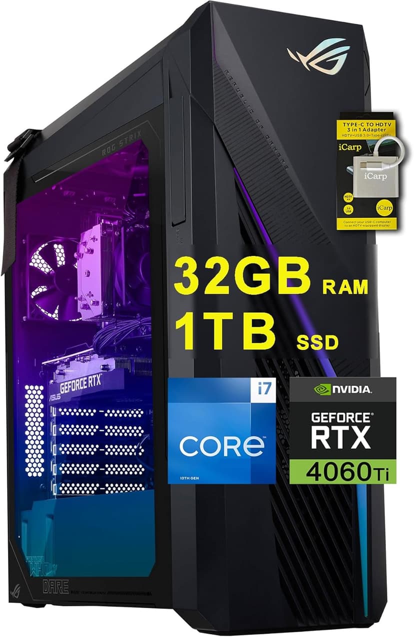 ASUS ROG Strix G16CH Gaming Desktop Intel 16-core i7-13700F (Beats i9-12900F) 32GB RAM 1TB SSD Geforce RTX 4060 Ti Dual 8GB Aura Sync Lighting 750W PSU (80+ Gold) Win11 w/ICP Accessory