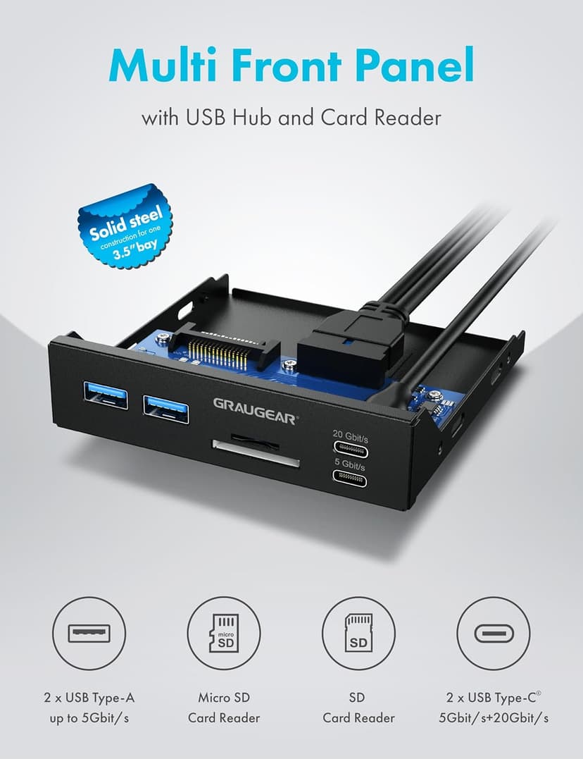 GRAUGEAR 3.5 Inch Front Panel USB C Hub, SD/microSD Internal Card Reader, 20Gbps USB 3.2 Gen 2x2, USB3.2 Type-E Key-A 20-Pin Header & USB3.0 Header & 15-Pin SATA Power Connector Required [G-MP01CR]
