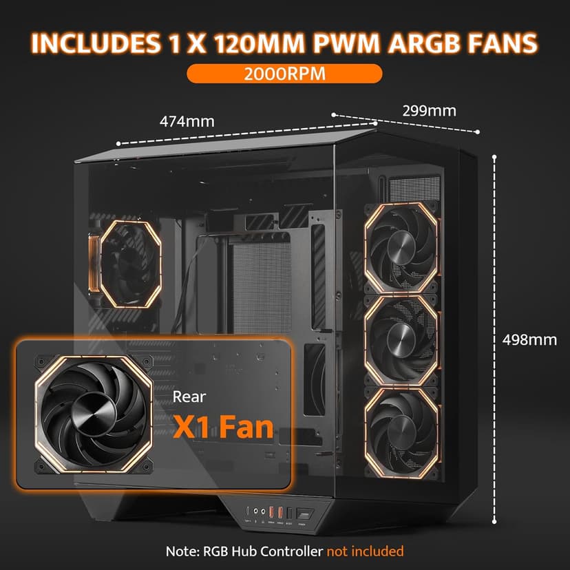 darkFlash Full-Tower ATX Gaming PC Case, Back Plug-in Motherboard, Dual-Chamber, Panoramic Glass, Up to 2 x 360mm Radiators, RTX 40 Compatible(DY470) (4 PWM ARGB Fans, Black)