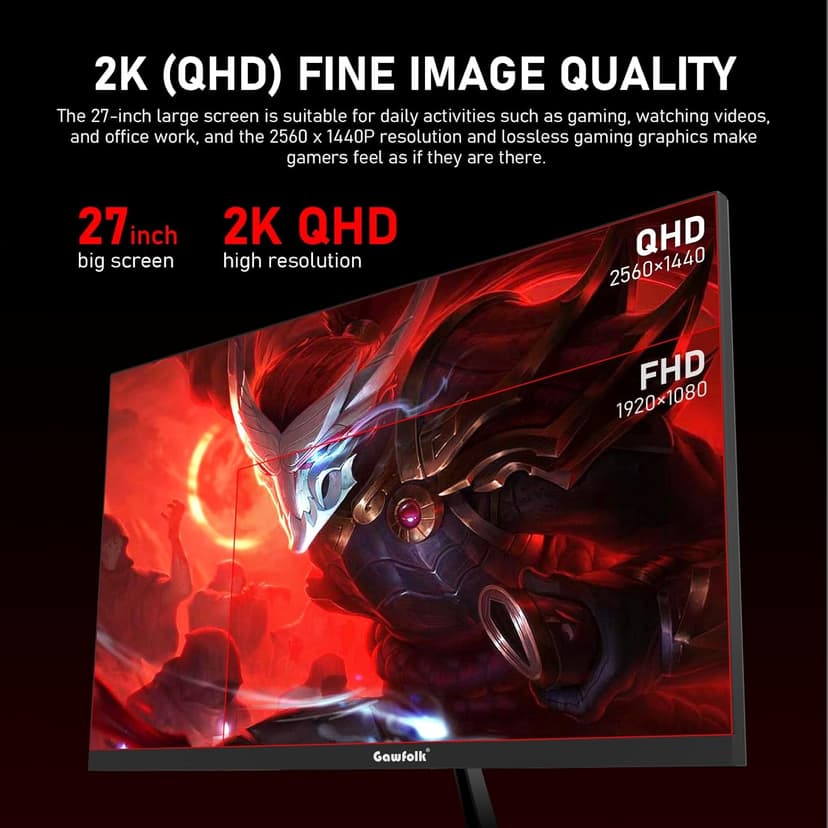 27 inch 2K QHD(2560×1440) PC Screen, 165Hz Gaming Monitor, 1ms Without Bezel, FreeSync,98% sRGB, 178° Wide Viewing Angle, HDMI2.0、DisplayPort, 75 * 75MM Wall Mount Compatible - Black