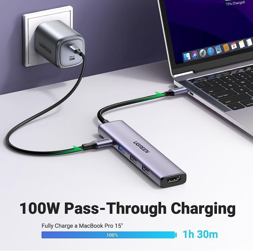 UGREEN Revodok 105 USB C Hub 5 in 1 Multiport Adapter 4K HDMI, 100W Power Delivery, 3 USB-A Data Ports, USB C Dongle for MacBook Pro/Air, iPad Pro, iMac, iPhone 15 Pro/Pro Max, XPS, Thinkpad