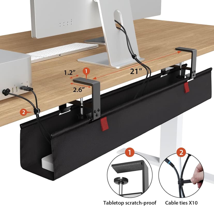 Univivi No Drill Under Desk Cable Management Tray, 36" Cord Organizer for Table, Clamp/Screw Mount Desk Cable Management, Premium Fabric Cable Management Tray for Office, Home