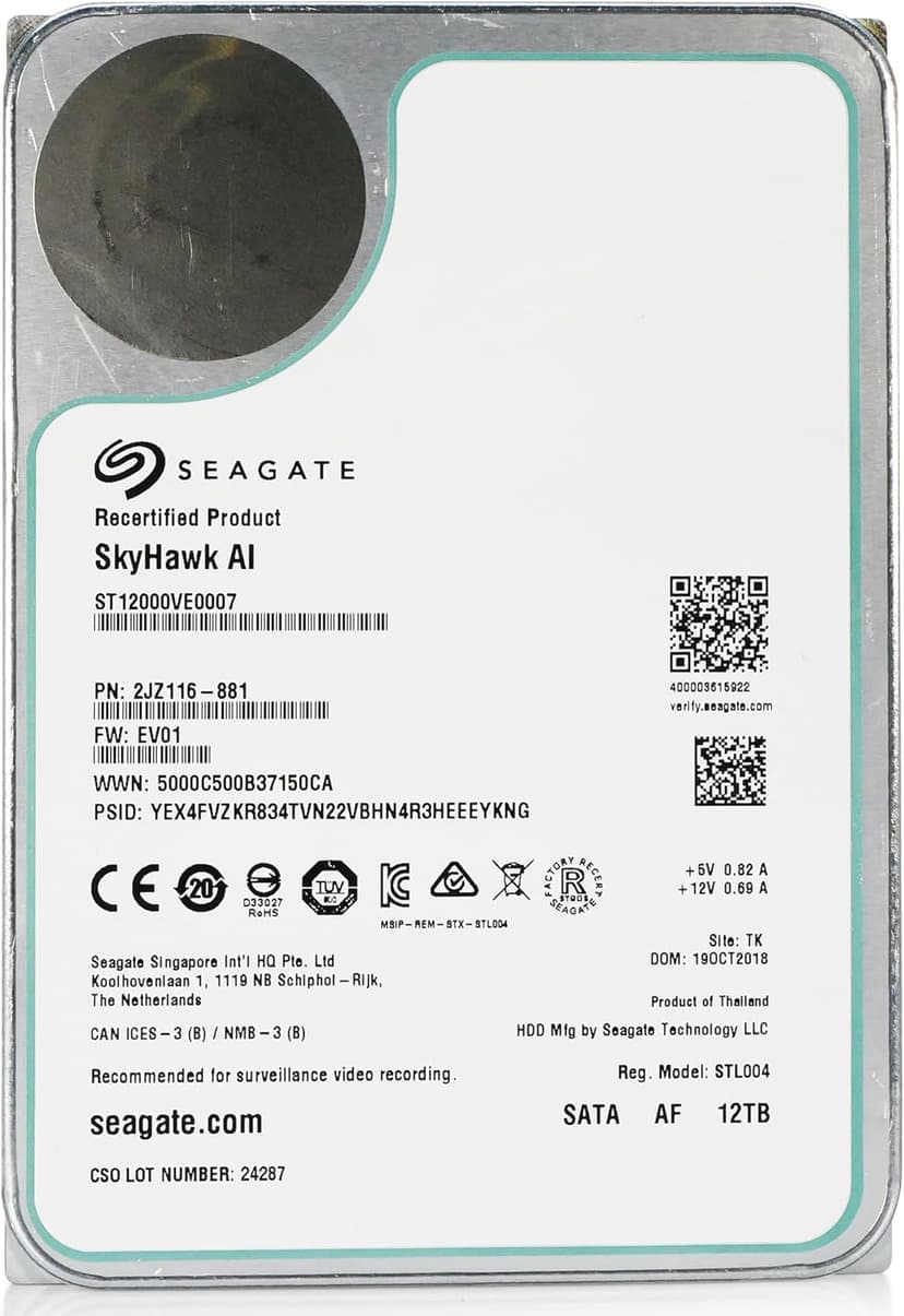 Seagate Skyhawk AI 12tb HDD 3.5 Inch SATA 6Gb/s 7200PRM 256MB Cache for NAS Internal Hard Drive for DVR NVR Security Camera System AI Application Optimization (Renewed)