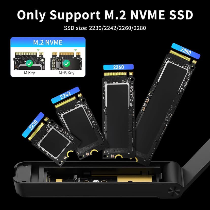 FIDECO M.2 NVMe SSD Enclosure, USB 3.2 Gen 2 to PCIe NVMe Adapter, Sandwich Style Design, Tool-Free Installation, Support UASP and Trim