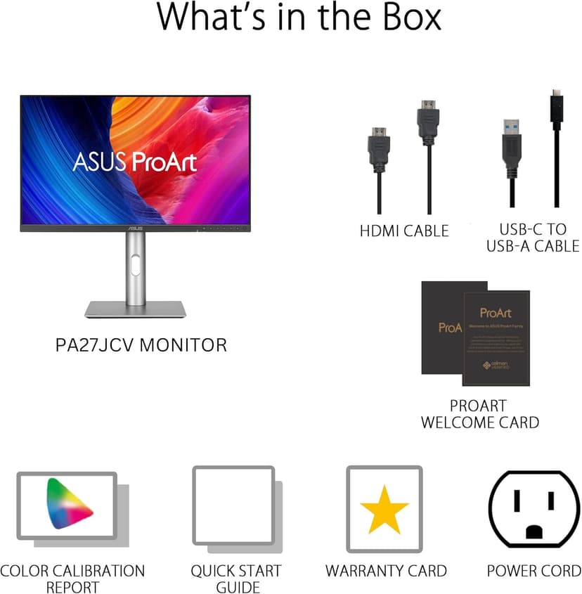 ASUS ProArt Display 27” 5K HDR Professional Monitor (PA27JCV) - 5K (5120 x 2880), IPS, 99% DCI-P3, 100% sRGB, ΔE < 2, USB-C PD 96W, Calman Verified, Color Accurate, Auto KVM, LuxPixel, 3 yr Warranty