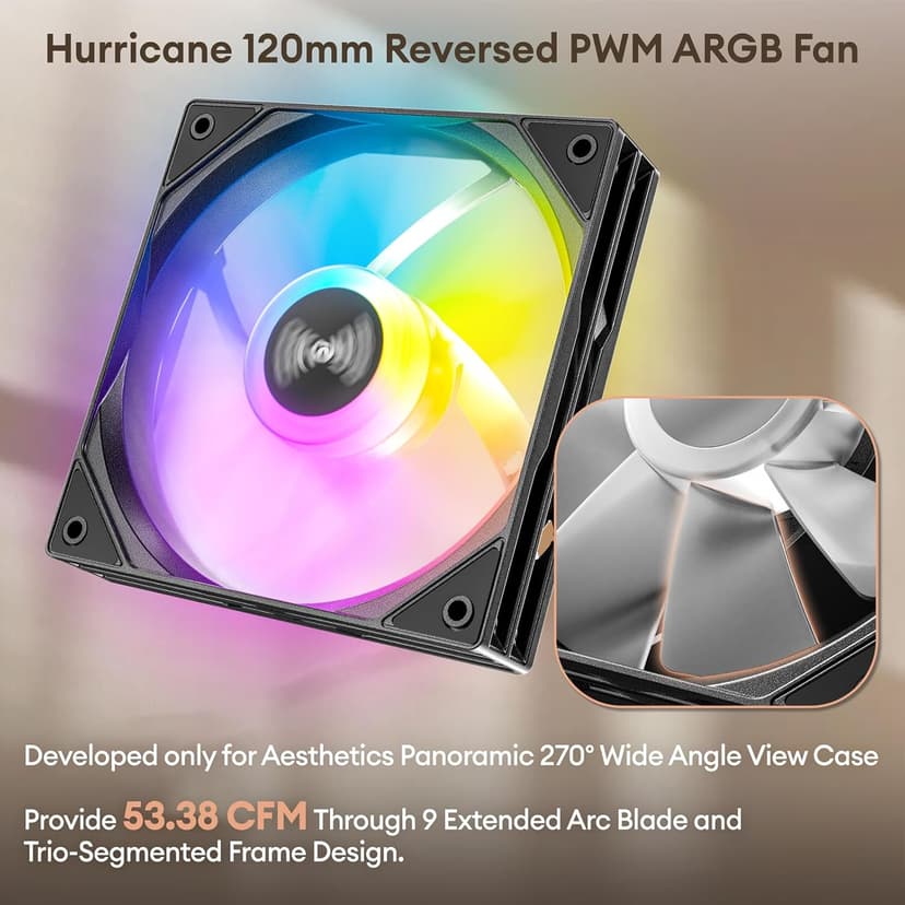 Genuine Walnut Wood PC Case, Pre-Installed 4 x 120mm ARGB & PWM Fans, Type-C Port, Panoramic View Tempered Glass Side Panel, Black, ATX Case, Mid-Tower, Mirage 6