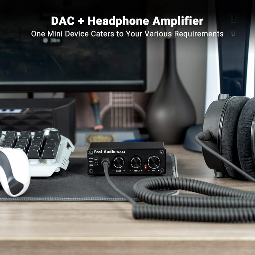 Fosi Audio Q4 DAC Headphone Amp for PC, Desktop Digital to Analog Audio Converter for Home Stereo Amplifier and Powered Speakers, PC-USB/Optical/Coaxial Inputs, 3.5mm Headphone/RCA Outputs