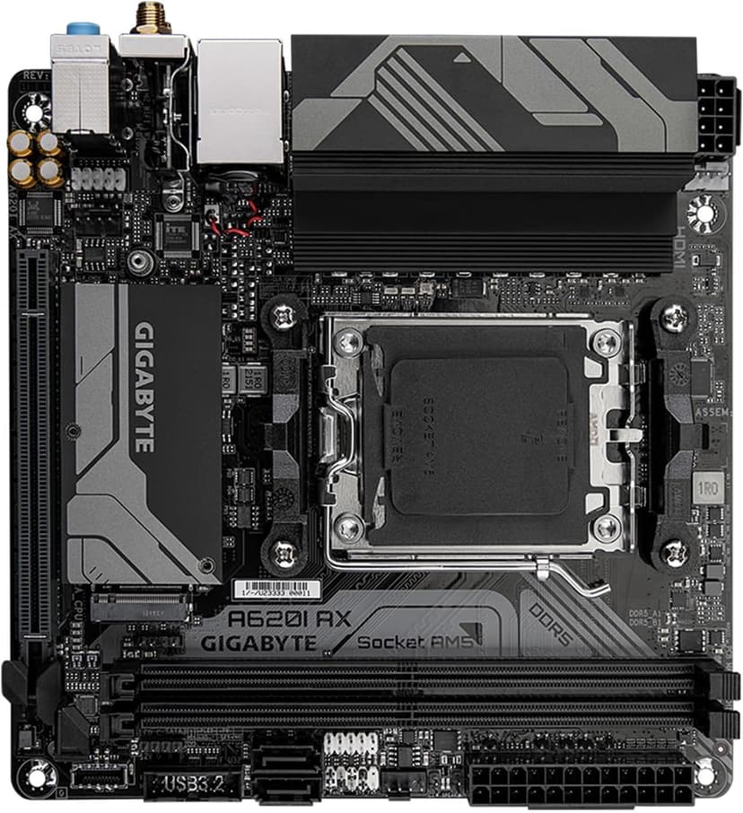 GIGABYTE A620I AX (AM5/ LGA 1718/ AMD/ A620/ Mini-ITX/ 5-Year Warranty/ DDR5/ Single M.2/ PCIe 4.0/ USB 3.2 Gen1 Type-C/Realtek Wi-Fi 6E/ Realtek 2.5GbE/ Q-Flash Plus/PCIe EZ-Latch/Motherboard)