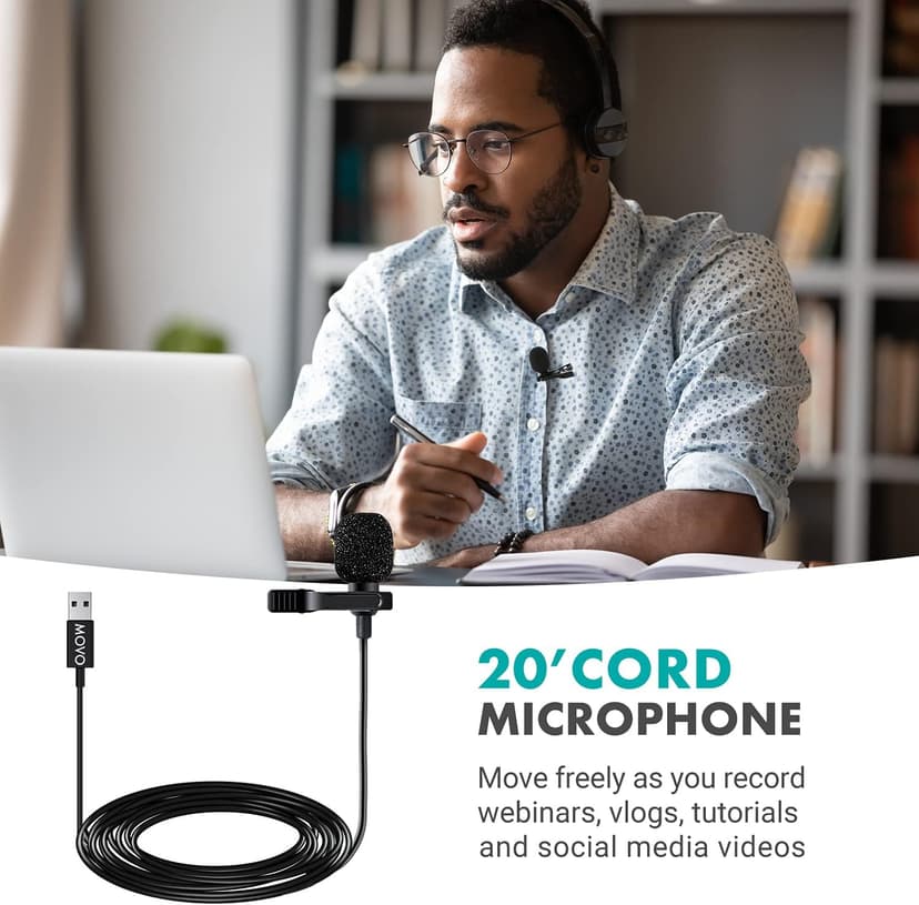 Movo M1 USB Lavalier Lapel Clip-on Omnidirectional Computer Microphone for Laptop, PC and Mac, Perfect Podcasting, Gaming, Streaming and Desktop Mic (20-Foot Cord)