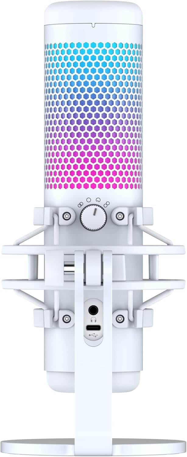 HyperX QuadCast S – RGB USB Condenser Microphone for PC, PS5, Mac, Anti-Vibration Shock Mount, 4 Polar Patterns, Pop Filter, Gain Control, Gaming, Streaming, Podcasts, Twitch, YouTube, Discord – White