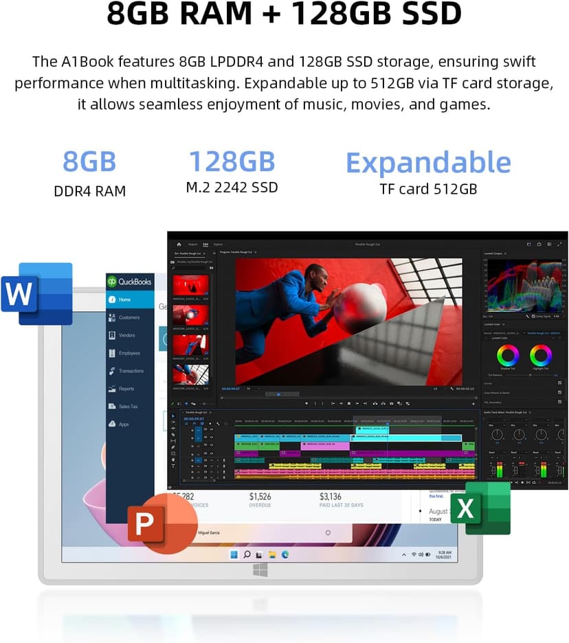 2-in-1 Detachable Touch Screen Laptop, 8GB DDR4 RAM, 128GB SSD, 10.1" Win 11 Tablet with Keyboard, Pentium N5030 (Up to 3.1GHz), Dual-Band WiFi, Bluetooth, USB 3.0, Dual Camera, White