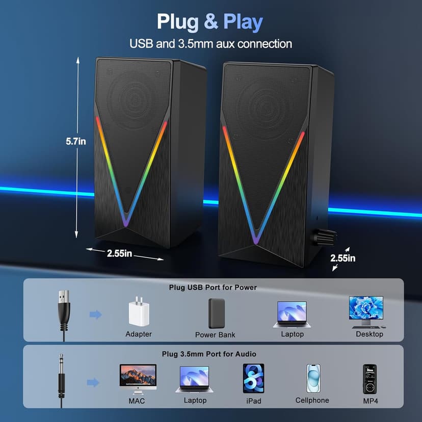 RGB Desktop Speakers with Enhanced Bass, Volume Control & 6 Colorful Lights - USB Powered & 3.5mm Aux Gaming Speakers for Laptop, PC, Tablet, Phone