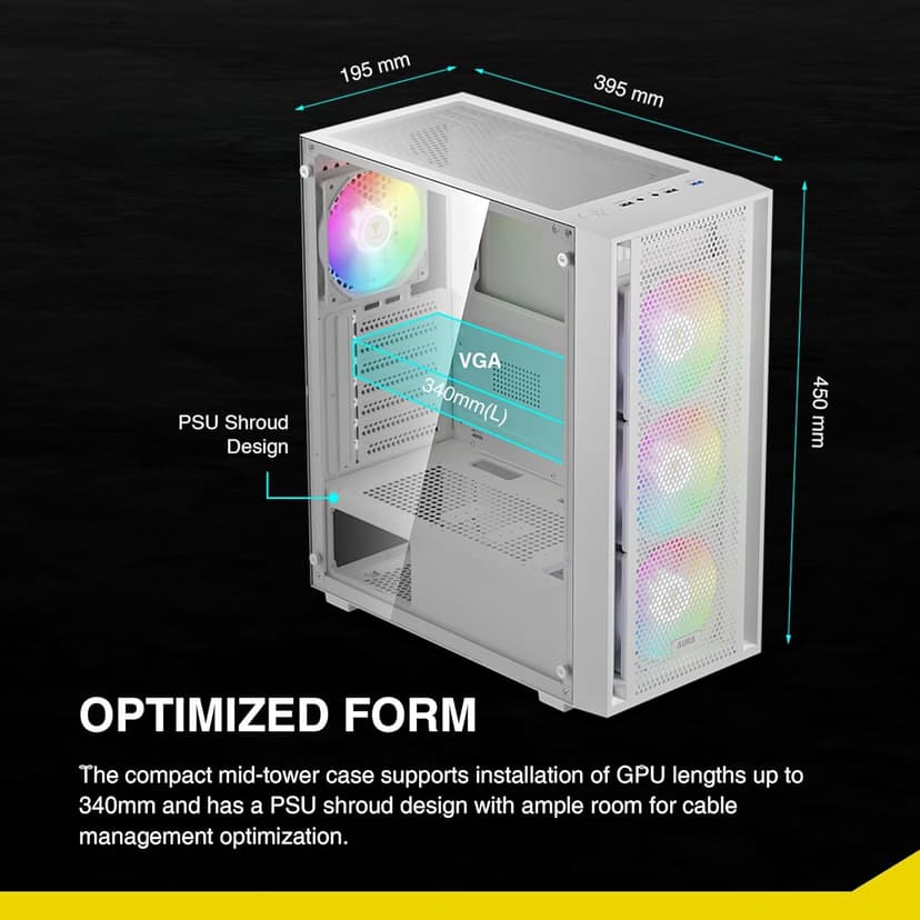 GAMDIAS White ATX Mid Tower Gaming Computer PC Case with Side Tempered Glass, Preinstalled 4X 120mm ARGB Fans, Support Up to 6X 120mm Fans, 360mm AIO/Radiator, 340mm GPU/VGA, 160mm CPU Air Cooler