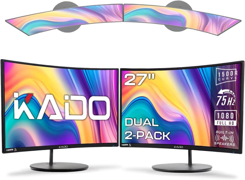 Kado Dual Monitor Setup - 2-Pack 27" Curved 1920x1080 Computer Monitor 1500R 75Hz VESA Mount HDMI Office Gaming Hybrid Built-in Speakers (C27X Dual Series)