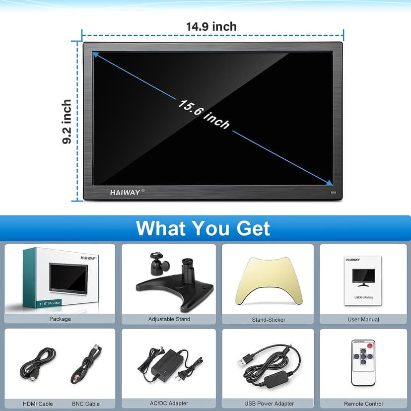 15.6 Inch Small HDMI Monitor, 1366x768 Resolution Security CCTV Monitor with HDMI BNC VGA AV USB Ports, Built-in Speakers LED Monitors for PC, Laptop and Computer for Home Office Warehouse