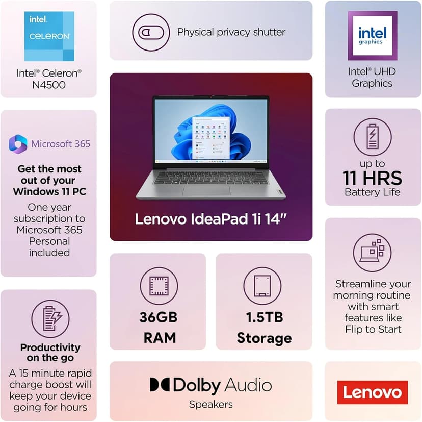 Lenovo IdeaPad 1i Laptop with Microsoft 365 Home and Business • 20GB RAM • 1TB Cloud Storage and 512GB SSD • Intel Core • 14 Anti-Glare Screen • WiFi-6 • 11HR Battery • Windows 11 • W/O Earbuds