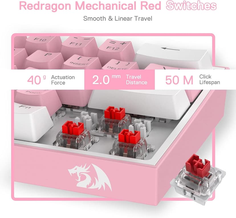 Redragon K617 Fizz 60% Wired RGB Gaming Keyboard, 61 Keys Hot-Swap Compact Mechanical Keyboard w/White and Pink Color Keycaps, Linear Red Switch, Pro Driver/Software Supported