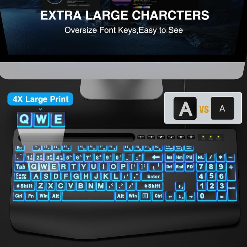 SABLUTE Large Print Backlit Keyboard, Wired USB Computer Keyboards with 7-Colors Backlight, Wrist Rest, Phone Holder, Oversized Letter Keys Easy to See and Type for Laptop, PC, Windows, Black