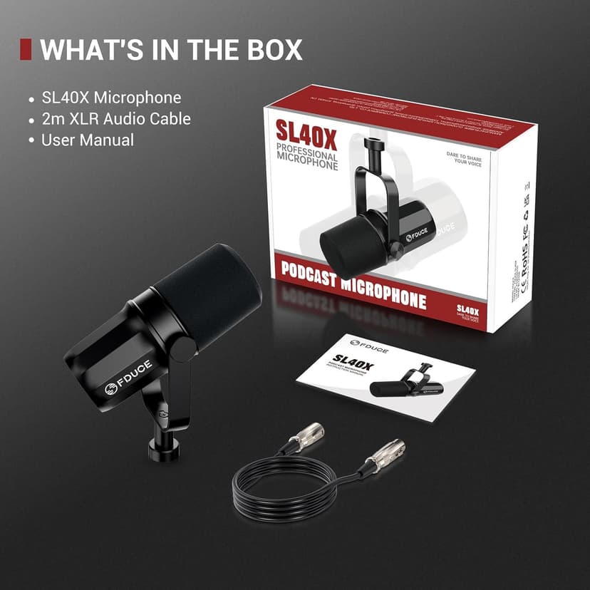 FDUCE XLR Dynamic Microphone for Vocal Recording, Podcasting, Gaming, Live Streaming&Broadcasting, All Metal Cardioid Mic, Voice-Isolating Technology SL40X
