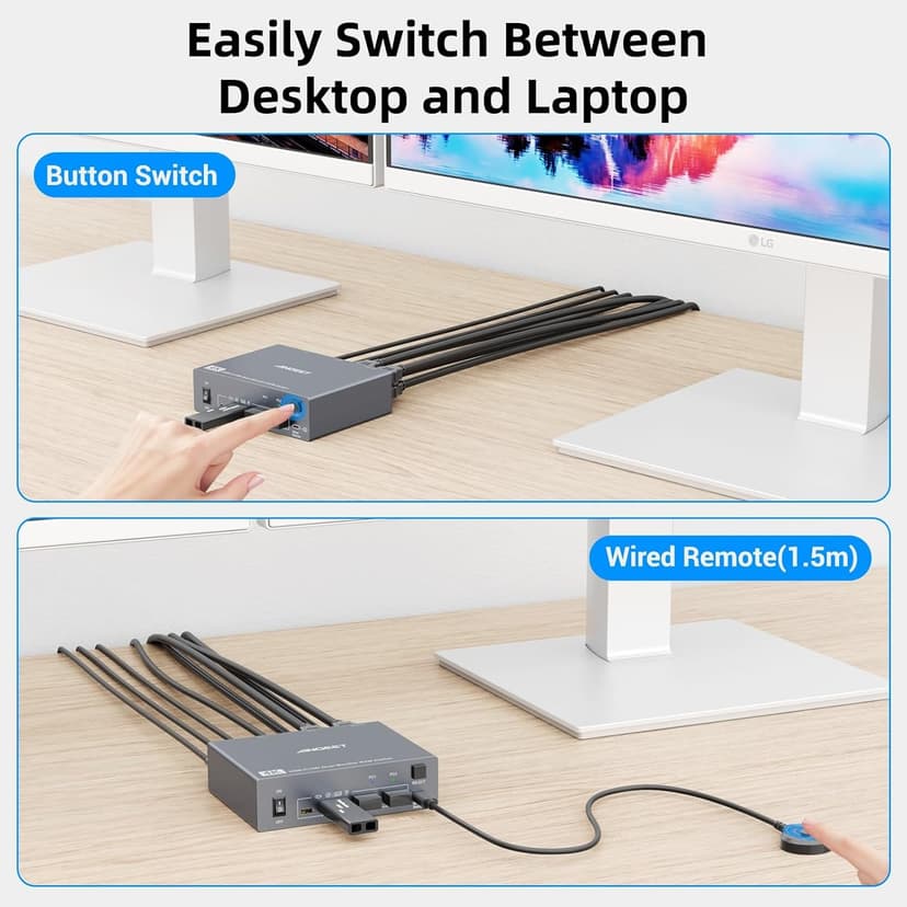 Dual Monitor KVM Switch for Laptop & Desktop 4K@60Hz, USB C and HDMI KVM Switch 2 Monitors 2 Computers with 4 USB 3.0 Port for Keyboard Mouse, 80W PD Charging, with Wired Remote and USB C Cable