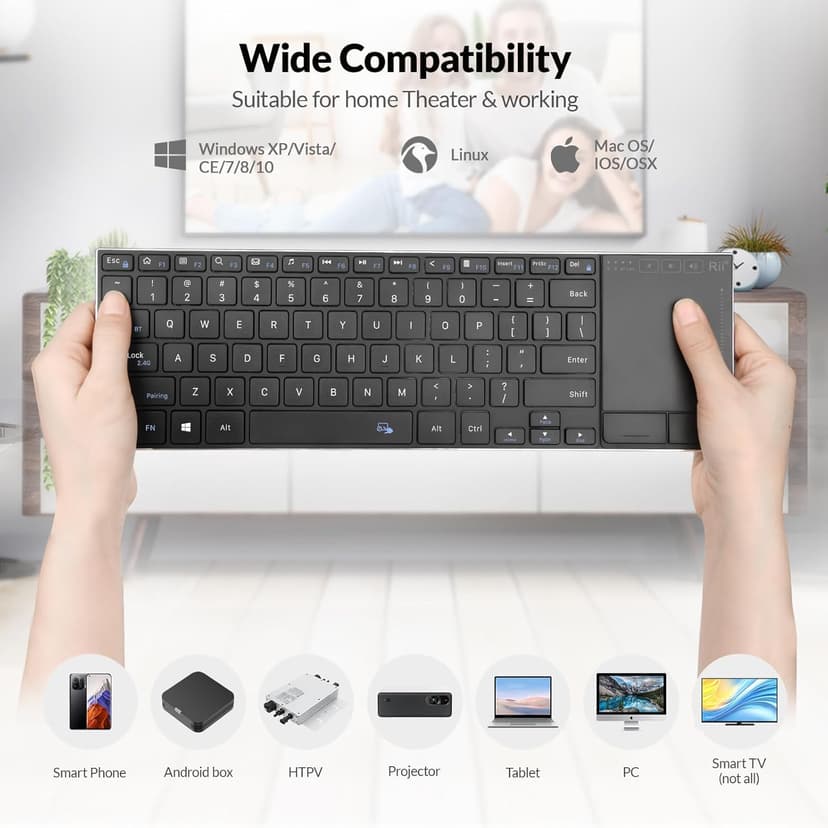 Rii Wireless Bluetooth Keyboard,Multi Device Rechargeable Stainless Steel Ultra Slim Keyboard with Multi-Touch Touchpad,Compatible with PC, Mac, Laptop(2.4G+BT New)