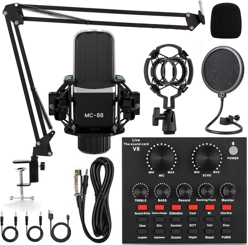 Podcast Equipment Bundle, All-in-One Audio Interface with Studio Condenser Microphone Perfect for Podcasting, Recording, Singing, Streaming and Gaming, PC, Smartphone, YouTube, TikTok (V8)
