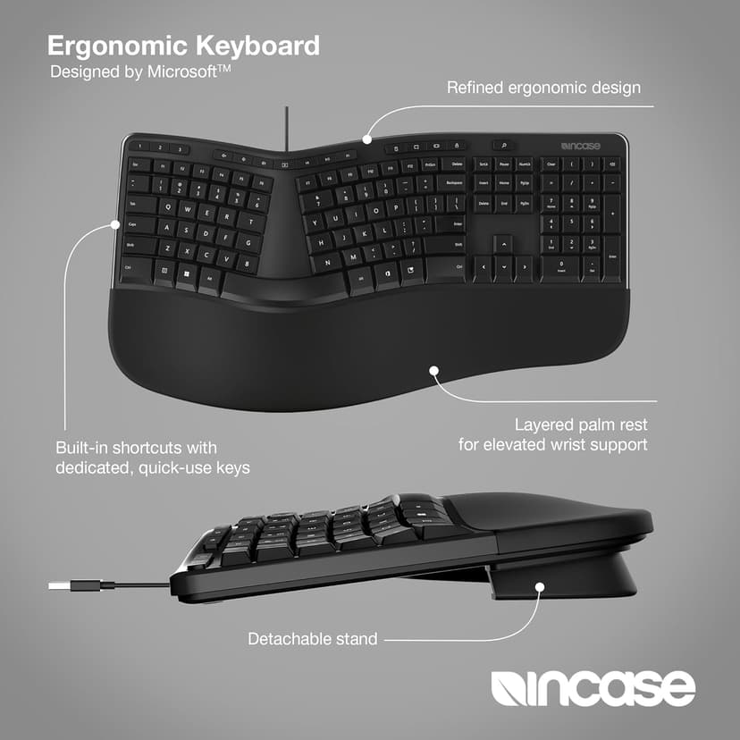 Incase Ergonomic Keyboard – Designed by Microsoft – Refined Ergonomic Design, Built-in Shortcuts Keys, Layered Palm Rest for Elevated Wrist Support, Integrated Number Pad – Black