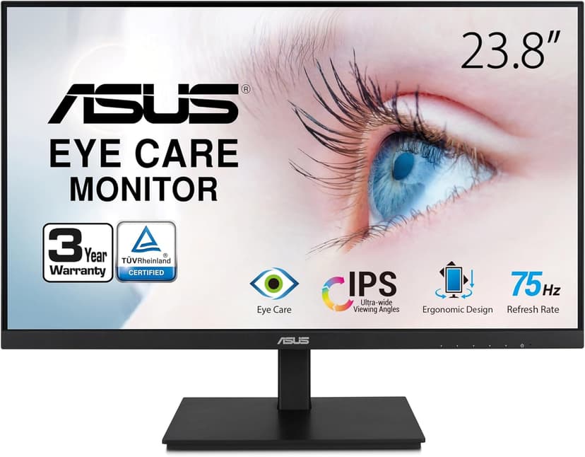 ASUS 23.8”1080P Monitor(VA24DQSB)-Full HD,IPS,75Hz,Speakers Adaptive-Sync Low Blue Light Flicker Free VESA Mountable Frameless, HDMI DisplayPort, VGA, USB hub Height Adjustable, BLACK,12.8"x21.3"x2.1"
