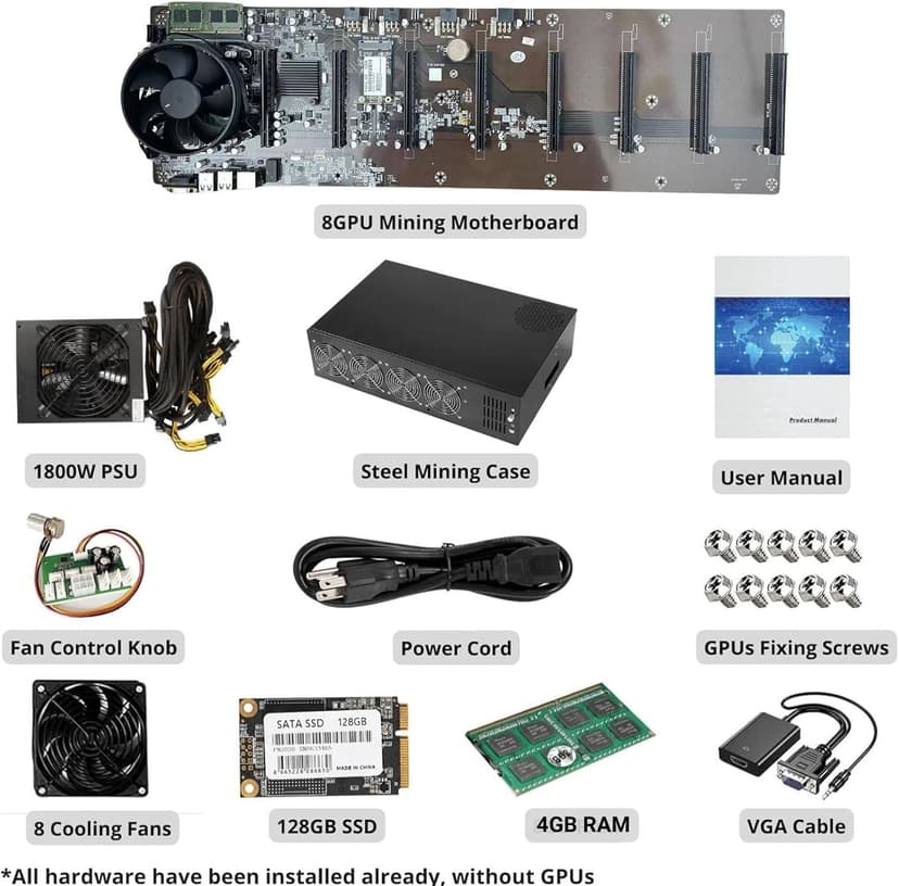 GPU Mining Rig Complete Mining Server Case for Ethereum/ETH Crypto Mining Prebuilt 8 GPU Mining Motherboard, 1800W PSU, 8 Cooling Fans, 4GB RAM,(without GPUs) -Black
