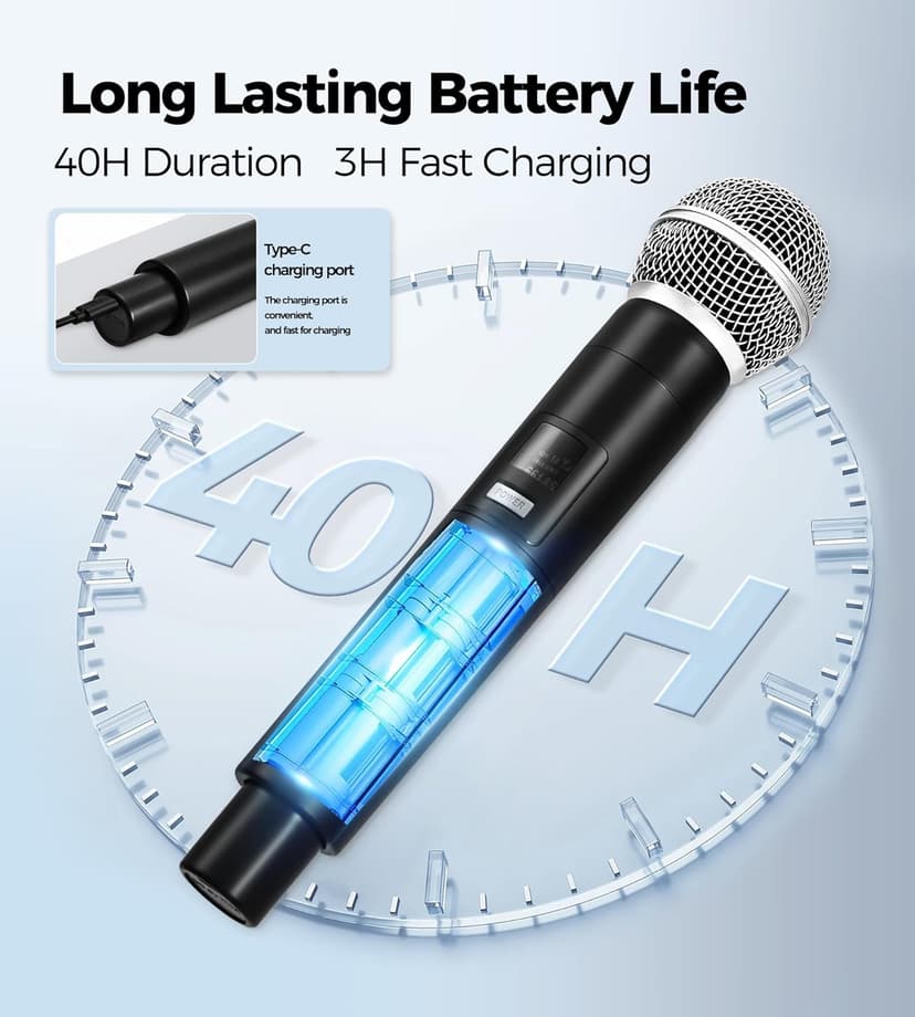 Wireless Microphones, Microphone with One-to-One Chip Connection, 40H Duration, 200 FT Distance Receiving, Rechargeable Receiver, 40H Long Duration, Karaoke Microphone for Singing, Party