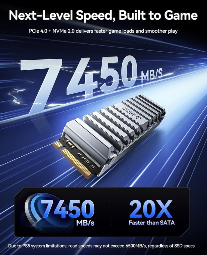 ORICO OS5 1TB M.2 SSD for PS5 Storage Expansion, M.2 PCIe 4.0 NVMe Gaming SSD with TLC NAND, 7450MB/s Read, Pre-Installed Heatsink Designed for PS5 Airflow, Ready for Direct Installation