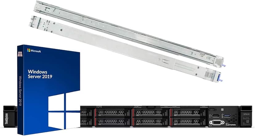 Lenovo ThinkSystem SR630 Rack Server Bundle with Rail Kit and Windows Server 2019, 2 x Intel Xeon Silver 4110 8-Core 2.10GHz, 128GB DDR4, 8TB SSD, RAID