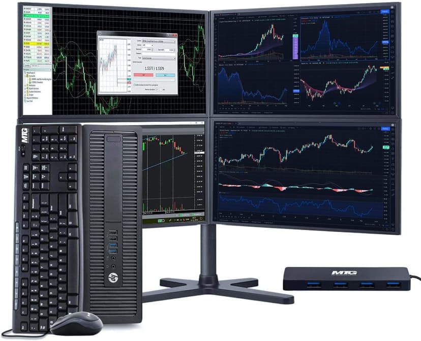 HP Trading Optimized PC Bundle Intel i5 6th Gen, 32GB RAM, 512 GB nvme SSD, 4 New 24” Monitors, 2 Network Cards, Trading Platform Support, MTG 4 in 1 USB HUB, MTG Keyboard Mouse Win 10 Pro (Renewed)