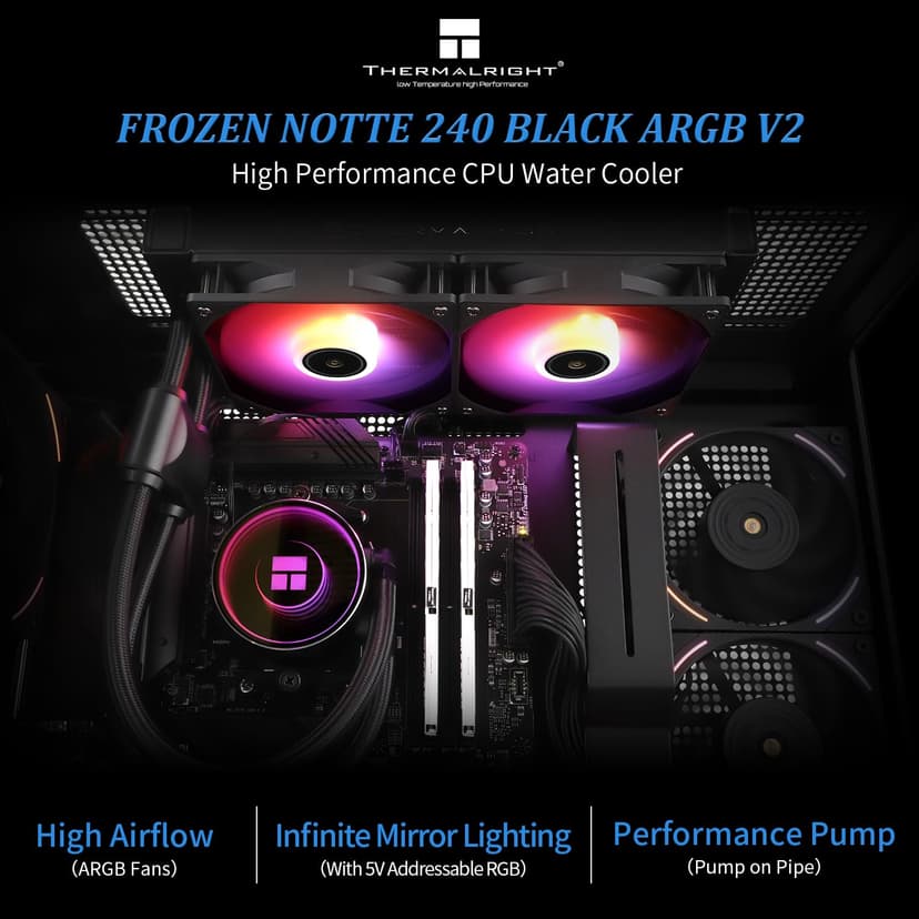 Thermalright Frozen Notte 240 Black ARGB V2 Water Cooling CPU Cooler,240Black CPU Cooler Specifications, Double PWM Fans, S-FDB Bearings, Suitable for AMD/AM4 AM5,Intel LGA 1700/1150/1151/1200/2011