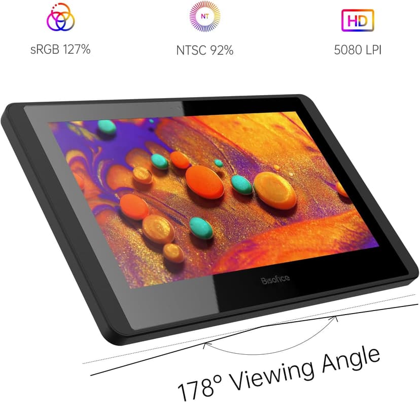 Bisofice Drawing Tablet with Screen, Graphics Tablet with Battery-Free Stylus, 11.6 inch Full-Laminated Graphic Drawing Monitor for Design, Digital Art, Illustration, Photo Editing, Support Win & Mac