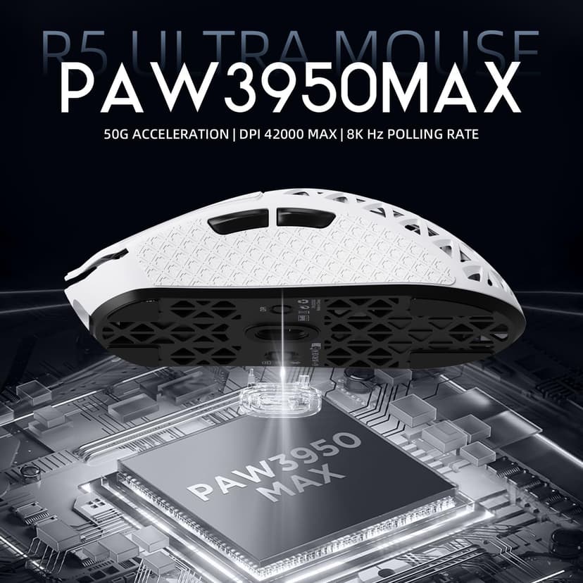 R5Ultra 8K Carbon Fiber Wireless Gaming Mouse with 42,000 DPI -PAW3950 MAX Sensor -Nordic 52840 MCU Chip-39g Ultra-Lightweight -Wired/BT/2.4GHz Wireless Programmable Mice Griptape for PC/Mac(White)